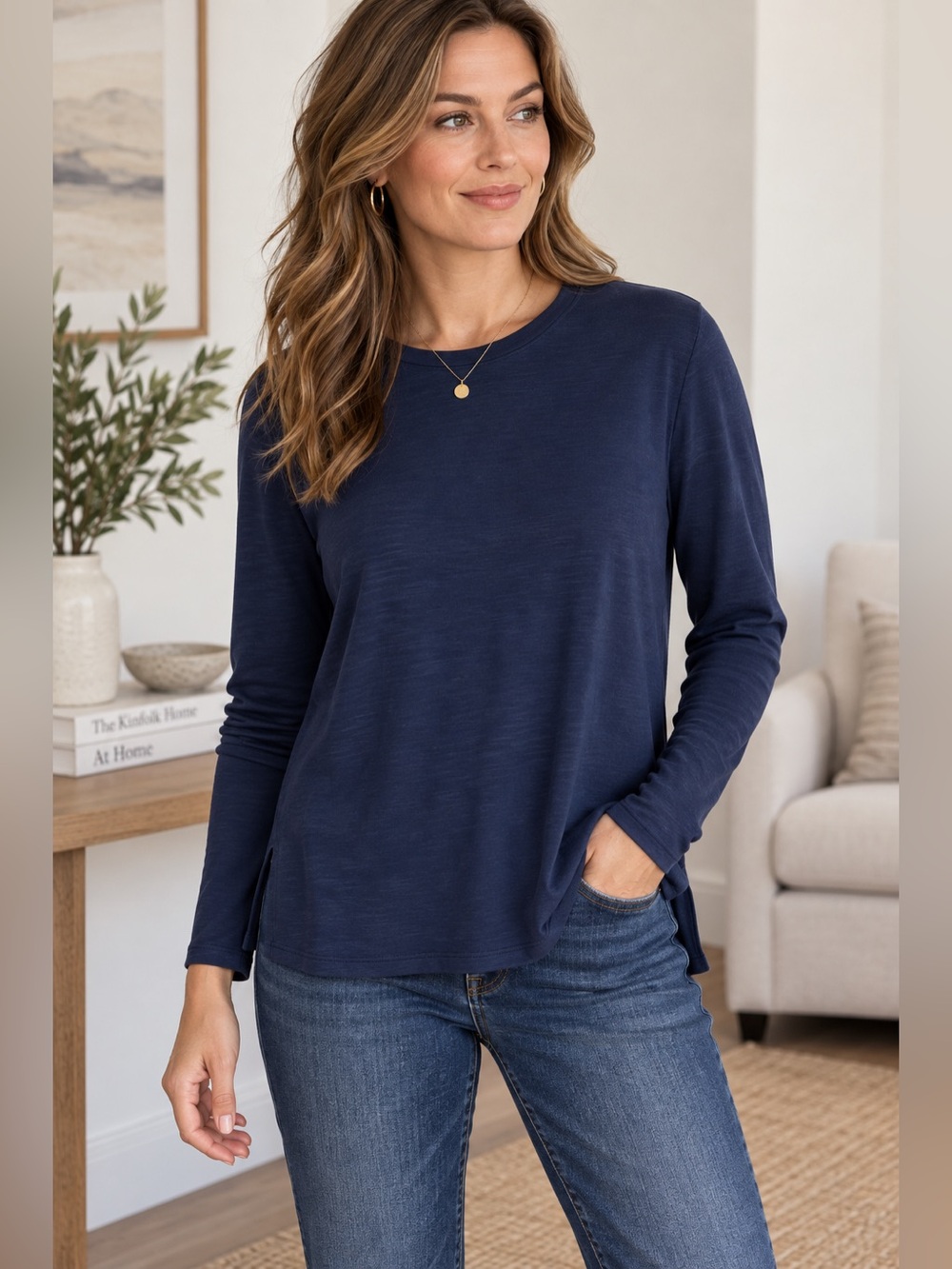 Banana Republic LuxeSpun Navy Crewneck Long Sleeve Relaxed Stretch Top Medium